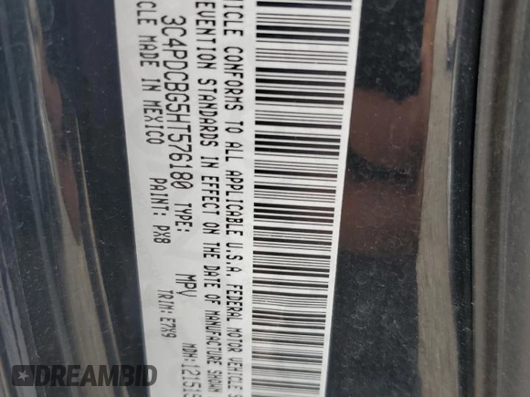 2017 Dodge Journey SXT with VIN 3C4PDCBG5HT576180, listed as a Copart auction lot 65262685 with 103,565 mi miles and Salvage title. Bid and sale history available at DreamBid. Image 13.