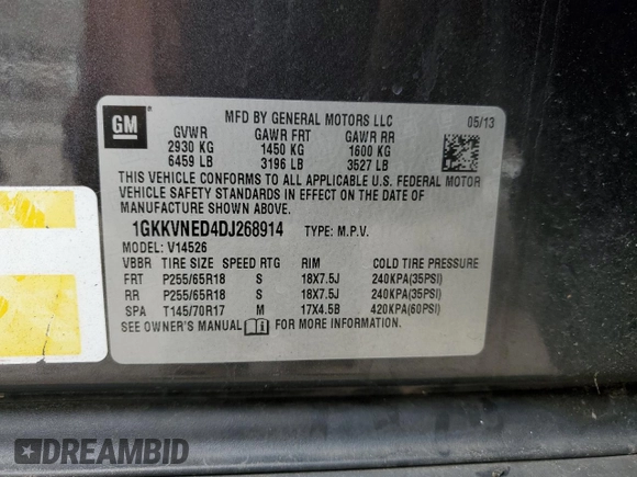 2013 GMC Acadia SLE with VIN 1GKKVNED4DJ268914, listed as a Copart auction lot 71352824 with 135,149 mi miles and Salvage Title. Bid and sale history available at DreamBid. Image 13.