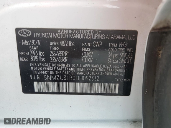 2017 Hyundai Santa Fe 2.4L with VIN 5NMZU3LB0HH052332, listed as a Copart auction lot 60598945 with 43,471 mi miles and Salvage title. Bid and sale history available at DreamBid. Image 12.