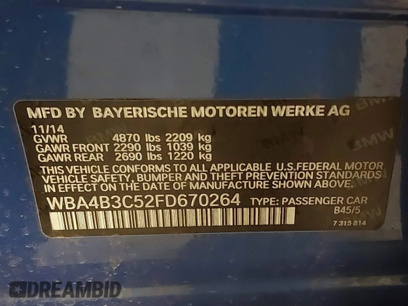 2015 BMW 4 Series 435i xDrive с VIN WBA4B3C52FD670264, выставлен на аукционе IAAI как лот 41391128 с пробегом 106 051 миль миль и . История ставок и продаж доступна на DreamBid. Изображение 9.