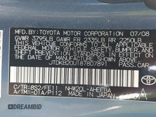 2008 Toyota Prius with VIN JTDKB20U187807891, listed as a IAAI auction lot 42181475 with 143,111 mi miles and . Bid and sale history available at DreamBid. Image 9.