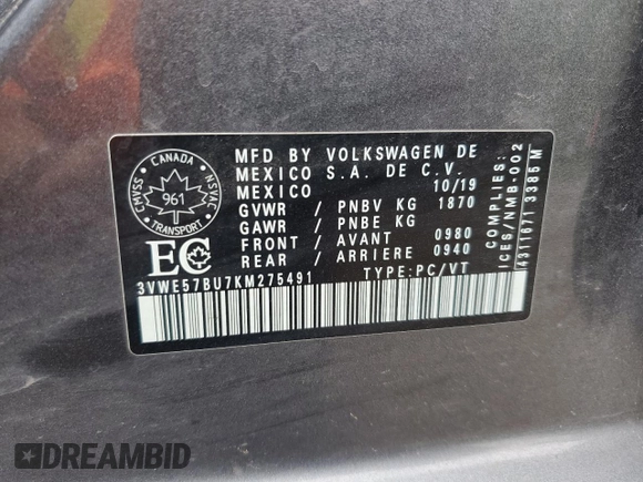2019 Volkswagen Jetta SEL z VIN 3VWE57BU7KM275491, wystawiony jako Copart lot #61623725 z przebiegiem 107 071 mil mil oraz Szkoda całkowita • Salvage title. Historia ofert i sprzedaży dostępna na DreamBid. Obrazek 12.