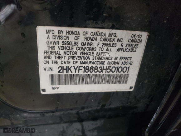 2003 Honda Pilot EX with VIN 2HKYF18683H501001, listed as a Copart auction lot 89402665 with 193,910 mi miles and Salvage Title. Bid and sale history available at carsss.com. Image 14.