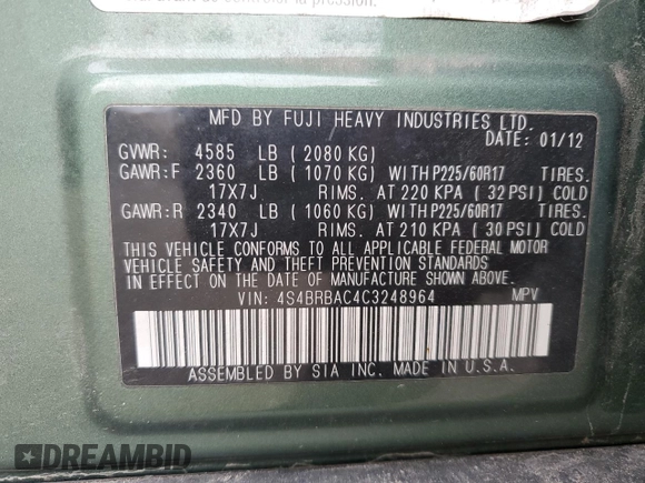 2012 Subaru Outback 2.5i z VIN 4S4BRBAC4C3248964, wystawiony jako Copart lot #52685325 z przebiegiem 157 247 mil mil oraz Szkoda całkowita • Salvage title. Historia ofert i sprzedaży dostępna na DreamBid. Obrazek 12.