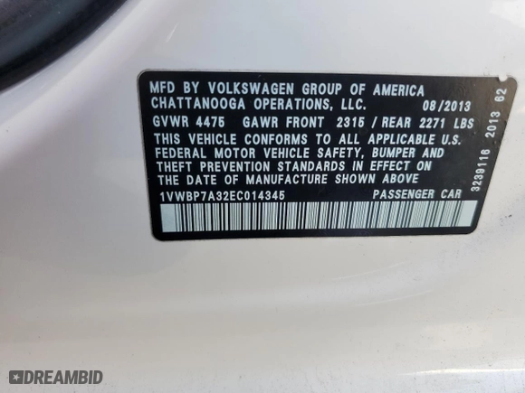 2014 Volkswagen Passat SE with VIN 1VWBP7A32EC014345, listed as a Copart auction lot 43405135 with 121,253 mi miles and Salvage Title. Bid and sale history available at carsss.com. Image 13.