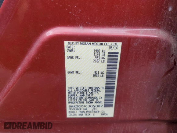 2015 Nissan LEAF SV with VIN 1N4AZ0CP5FC305087, listed as a Copart auction lot 53529845 with 125,344 mi miles and Salvage Title. Bid and sale history available at carsss.com. Image 12.