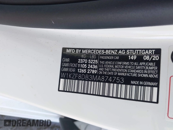2021 Mercedes-Benz E-Class E 350 with VIN W1KZF8DB3MA874753, listed as a IAAI auction lot 41757038 with 52,022 mi miles. Bid and sale history available at carsss.com. Image 9.