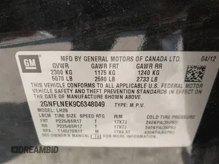 2012 Chevrolet Equinox LT w/2LT with VIN 2GNFLNEK9C6348049, listed as a IAAI auction lot 41794688 with 92,455 mi miles. Bid and sale history available at carsss.com. Image 9.