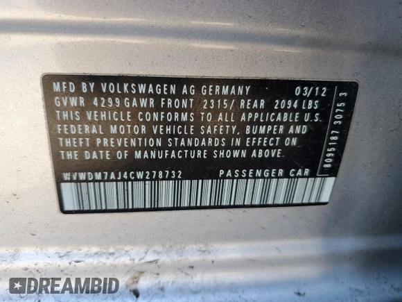 2012 Volkswagen Golf TDI with VIN WVWDM7AJ4CW278732, listed as a Copart auction lot 53687045 with 144,975 mi miles and Clean title. Bid and sale history available at DreamBid. Image 12.