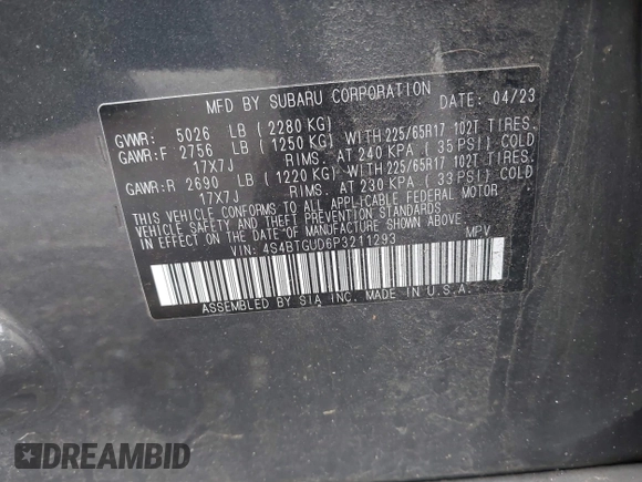 2023 Subaru Outback Wilderness with VIN 4S4BTGUD6P3211293, listed as a IAAI auction lot 41831669 with Not Provided miles and . Bid and sale history available at DreamBid. Image 9.