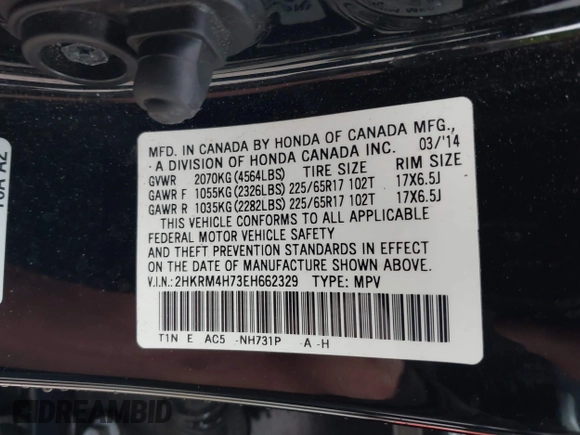 2014 Honda CR-V EX-L with VIN 2HKRM4H73EH662329, listed as a IAAI auction lot 41800191 with 212,800 mi miles. Bid and sale history available at carsss.com. Image 9.