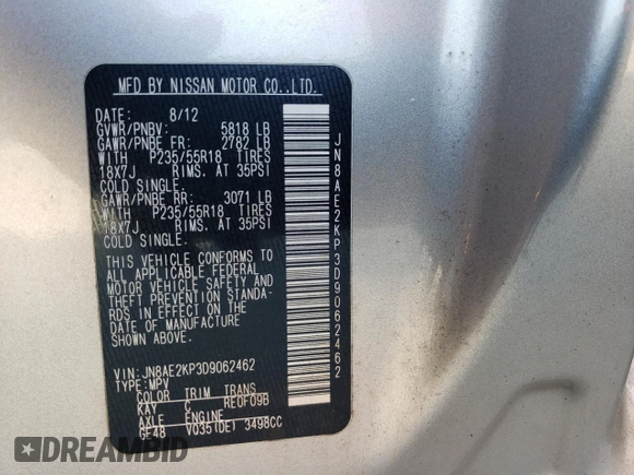 2013 Nissan Quest LE z VIN JN8AE2KP3D9062462, wystawiony jako Copart lot #60337995 z przebiegiem 152 638 mil mil oraz Szkoda całkowita • Salvage title. Historia ofert i sprzedaży dostępna na DreamBid. Obrazek 13.