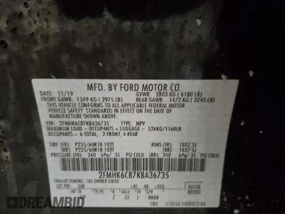 2019 Ford Flex SEL with VIN 2FMHK6C87KBA36735, listed as a Copart auction lot 50064835 with 97,007 mi miles and Clean Title. Bid and sale history available at carsss.com. Image 13.