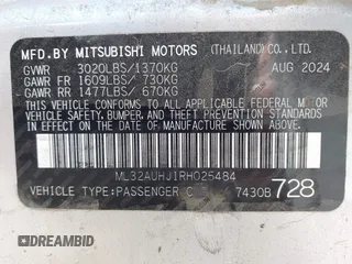 2024 Mitsubishi Mirage ES z VIN ML32AUHJ1RH025484, wystawiony jako IAAI lot #42397481 z przebiegiem 15 111 mil mil oraz . Historia ofert i sprzedaży dostępna na DreamBid. Obrazek 9.