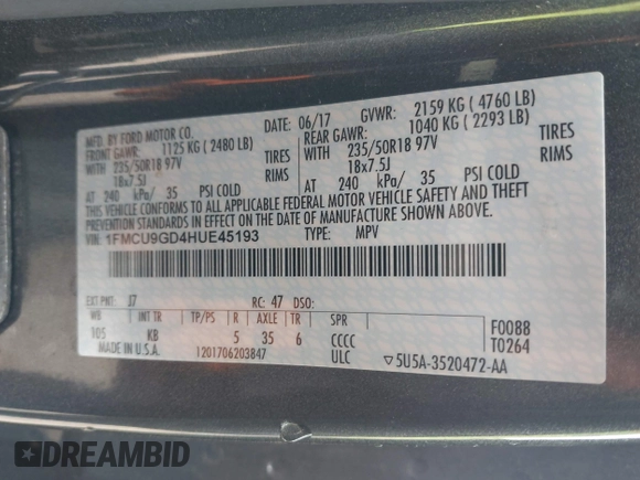 2017 Ford Escape SE with VIN 1FMCU9GD4HUE45193, listed as a IAAI auction lot 42055861 with 154,961 mi miles and . Bid and sale history available at DreamBid. Image 9.