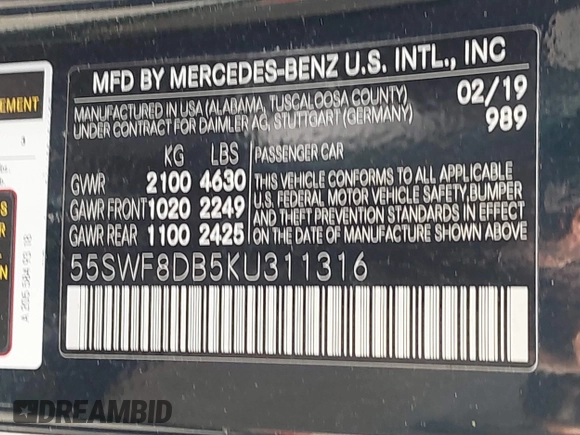 2019 Mercedes-Benz C 300 with VIN 55SWF8DB5KU311316, listed as a IAAI auction lot 41650068 with 68,399 mi miles and . Bid and sale history available at DreamBid. Image 9.