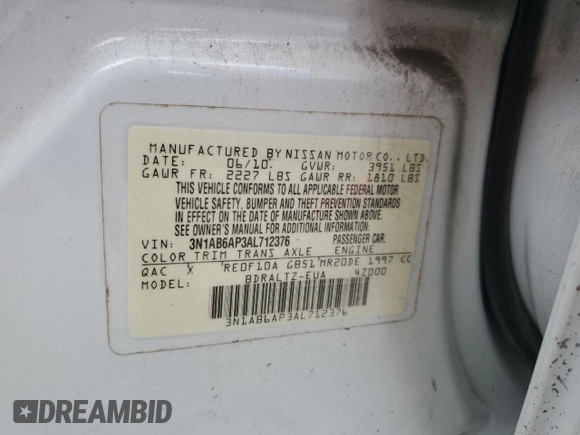 2010 Nissan Sentra S with VIN 3N1AB6AP3AL712376, listed as a Copart auction lot 61208285 with 196,524 mi miles and Salvage title. Bid and sale history available at DreamBid. Image 13.