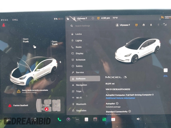 2023 Tesla Model 3 with VIN 5YJ3E1EAXPF436212, listed as a IAAI auction lot 41727400 with 81,011 mi miles and . Bid and sale history available at carsss.com. Image 7.