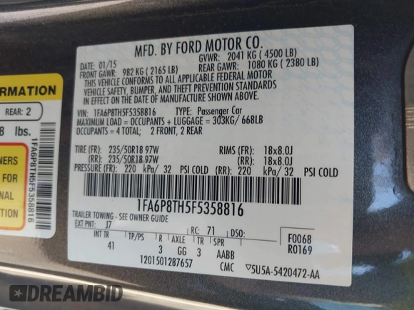 2015 Ford Mustang EcoBoost with VIN 1FA6P8TH5F5358816, listed as a IAAI auction lot 41573005 with 57,975 mi miles and . Bid and sale history available at carsss.com. Image 9.