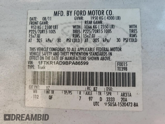 2011 Ford Ranger XL with VIN 1FTKR1AD9BPA86599, listed as a Copart auction lot 49110395 with 133,861 mi miles and Clean Title. Bid and sale history available at DreamBid. Image 12.