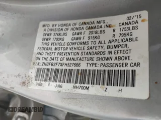 2015 Honda Civic Sedan SE with VIN 2HGFB2F7XFH527666, listed as a IAAI auction lot 41517883 with 1 mi miles. Bid and sale history available at carsss.com. Image 9.