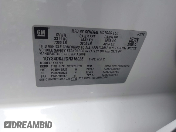 2016 Cadillac Escalade Platinum z VIN 1GYS4DKJ2GR316025, wystawiony jako IAAI lot #42039284 z przebiegiem Nie podano mil oraz . Historia ofert i sprzedaży dostępna na DreamBid. Obrazek 9.