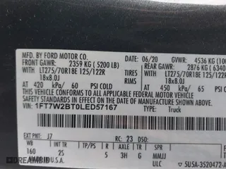 2020 Ford Super Duty F-250 SRW XL with VIN 1FT7W2BT0LED57167, listed as a IAAI auction lot 41233813 with 62,407 mi miles. Bid and sale history available at carsss.com. Image 9.