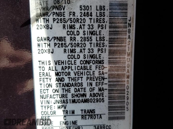 2010 Infiniti FX with VIN JN8AS1MU0AM802905, listed as a Copart auction lot 47649835 with Not Provided miles and Clean Title. Bid and sale history available at DreamBid. Image 13.