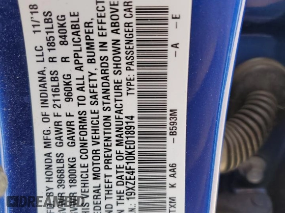 2019 Honda Insight LX z VIN 19XZE4F10KE018914, wystawiony jako Copart lot #51709635 z przebiegiem 30 382 mil mil oraz Szkoda całkowita • Salvage title. Historia ofert i sprzedaży dostępna na DreamBid. Obrazek 13.
