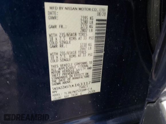 2020 Nissan Murano S with VIN 5N1AZ2AS7LN163317, listed as a Copart auction lot 51259455 with 72,923 mi miles and Salvage Title. Bid and sale history available at DreamBid. Image 13.
