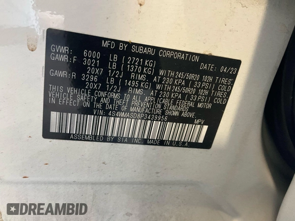 2023 Subaru Ascent Limited с VIN 4S4WMASD8P3439956, выставлен на аукционе IAAI как лот 42792607 с пробегом 86 955 миль миль и . История ставок и продаж доступна на DreamBid. Изображение 35.