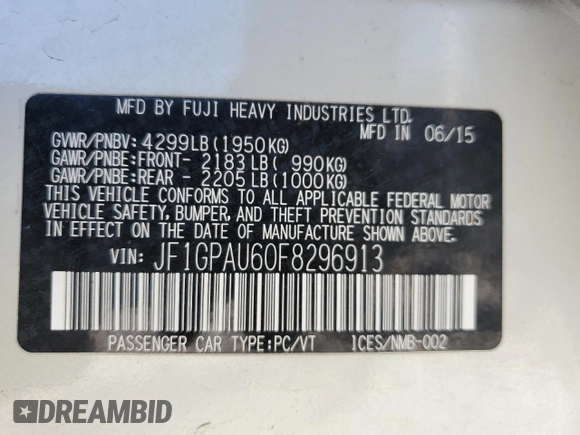 2015 Subaru Impreza Special Sports Premium с VIN JF1GPAU60F8296913, выставлен на аукционе Copart как лот 60164775 с пробегом 89 020 миль миль и Списание • Salvage title. История ставок и продаж доступна на DreamBid. Изображение 13.