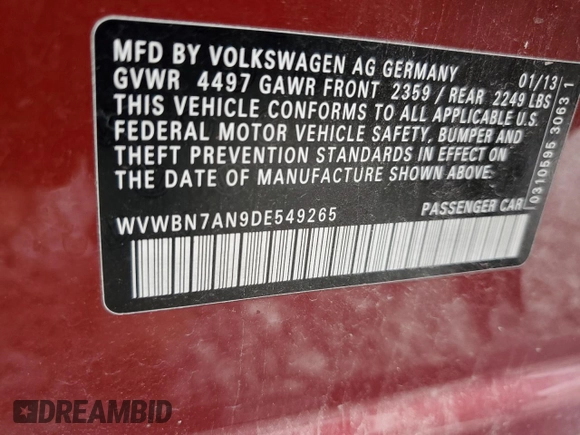 2013 Volkswagen CC Sport with VIN WVWBN7AN9DE549265, listed as a Copart auction lot 61805604 with 185,247 mi miles and Salvage Title. Bid and sale history available at carsss.com. Image 12.