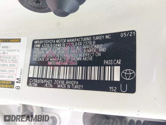 2021 Toyota C-HR LE with VIN NMTKHMBX4MR130660, listed as a IAAI auction lot 41848573 with 133,612 mi miles and . Bid and sale history available at DreamBid. Image 9.