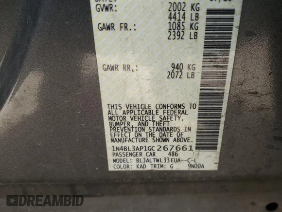 2016 Nissan Altima SL z VIN 1N4BL3AP1GC267661, wystawiony jako Copart lot #84277104 z przebiegiem 122 527 mil mil oraz Szkoda całkowita • Salvage title. Historia ofert i sprzedaży dostępna na DreamBid. Obrazek 15.