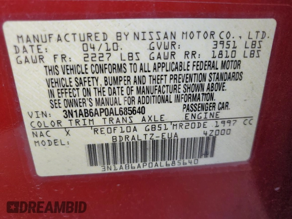2010 Nissan Sentra SR with VIN 3N1AB6AP0AL685640, listed as a Copart auction lot 51280935 with 121,818 mi miles and Salvage Title. Bid and sale history available at DreamBid. Image 13.