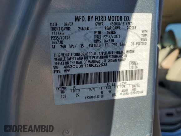 2008 Mercury Mariner with VIN 4M2CU39H28KJ22638, listed as a Copart auction lot 88604085 with 128,901 mi miles and Salvage title. Bid and sale history available at DreamBid. Image 13.