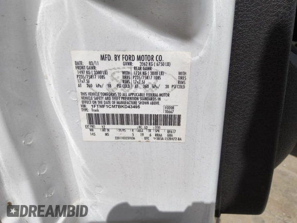 2011 Ford F-150 XL z VIN 1FTMF1CM7BKD43495, wystawiony jako Copart lot #55725435 z przebiegiem 228 298 mil mil oraz Czysty tytuł • Clean title. Historia ofert i sprzedaży dostępna na DreamBid. Obrazek 12.