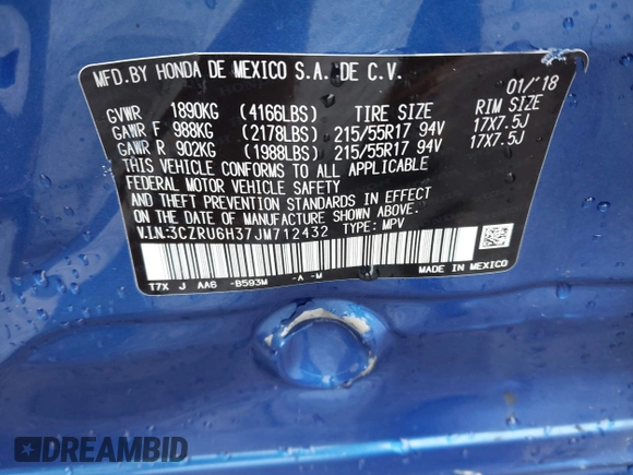 2018 Honda HR-V LX with VIN 3CZRU6H37JM712432, listed as a IAAI auction lot 41777654 with 14,385 mi miles. Bid and sale history available at carsss.com. Image 9.