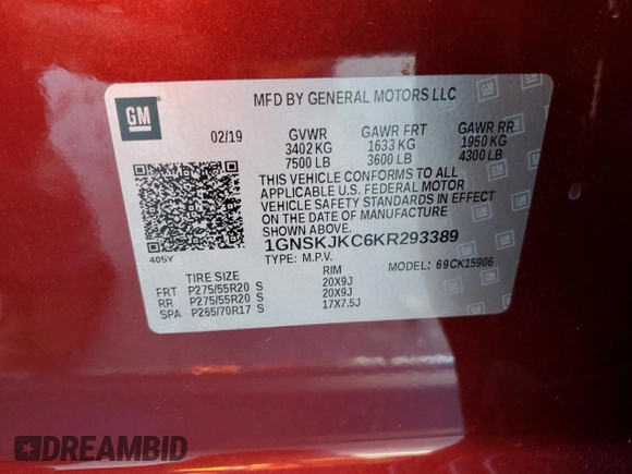 2019 Chevrolet Suburban Premier with VIN 1GNSKJKC6KR293389, listed as a Copart auction lot 77700264 with 49,057 mi miles and Salvage Title. Bid and sale history available at DreamBid. Image 13.
