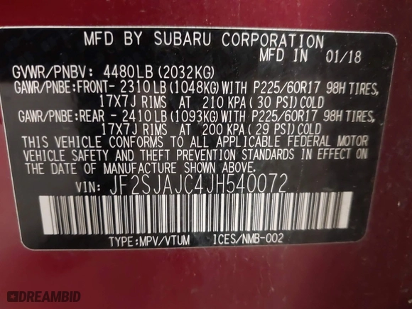 2018 Subaru Forester Limited with VIN JF2SJAJC4JH540072, listed as a IAAI auction lot 41739041 with 75,011 mi miles. Bid and sale history available at carsss.com. Image 9.