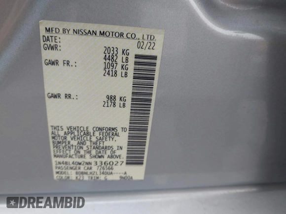 2022 Nissan Altima SV with VIN 1N4BL4DW2NN336027, listed as a IAAI auction lot 41647222 with 115,865 mi miles and . Bid and sale history available at DreamBid. Image 9.