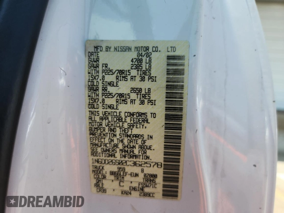 2002 Nissan Frontier XE с VIN 1N6DD26S02C362578, выставлен на аукционе Copart как лот 59041275 с пробегом 257 865 миль миль и Чистый • Clean title. История ставок и продаж доступна на DreamBid. Изображение 12.