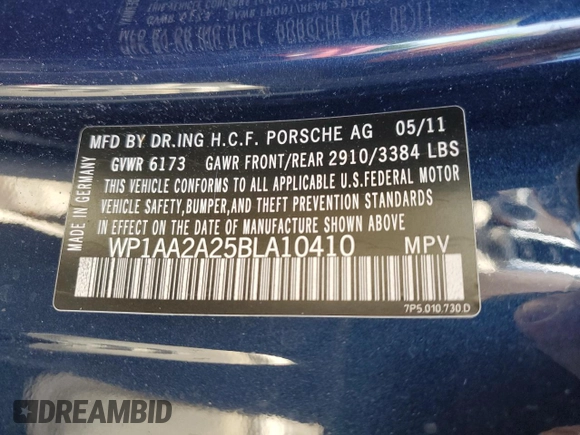 2011 Porsche Cayenne с VIN WP1AA2A25BLA10410, выставлен на аукционе Copart как лот 67706594 с пробегом 41 318 миль миль и Списание • Salvage title. История ставок и продаж доступна на DreamBid. Изображение 13.