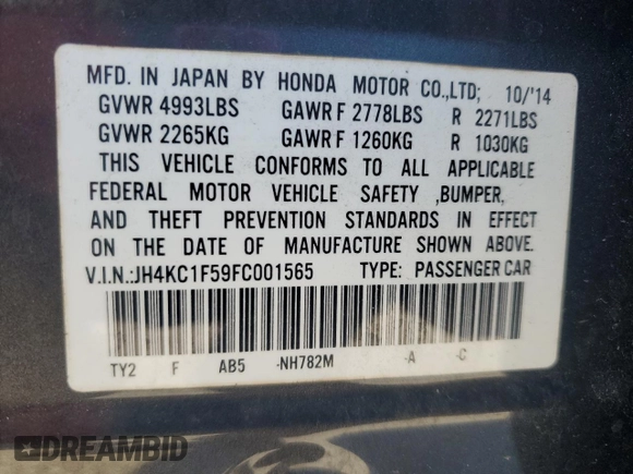 2015 Acura RLX Technology with VIN JH4KC1F59FC001565, listed as a Copart auction lot 65071435 with 297,378 mi miles and Clean title. Bid and sale history available at DreamBid. Image 12.