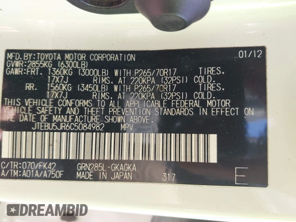 2012 Toyota 4Runner SR5 with VIN JTEBU5JR6C5084982, listed as a IAAI auction lot 42264172 with 148,757 mi miles and . Bid and sale history available at DreamBid. Image 9.