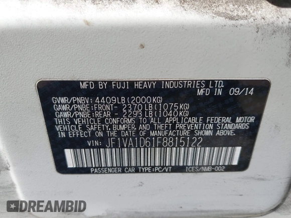 2015 Subaru WRX Premium with VIN JF1VA1D61F8815122, listed as a IAAI auction lot 42042491 with 134,158 mi miles and . Bid and sale history available at DreamBid. Image 9.