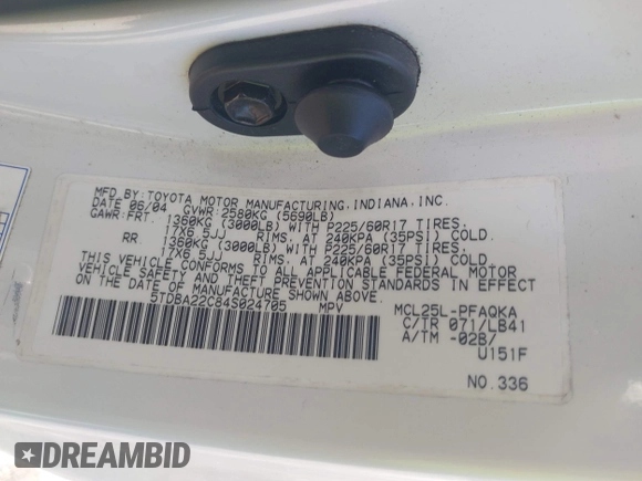 2004 Toyota Sienna XLE with VIN 5TDBA22C84S024705, listed as a IAAI auction lot 41672488 with 189,658 mi miles and . Bid and sale history available at DreamBid. Image 9.