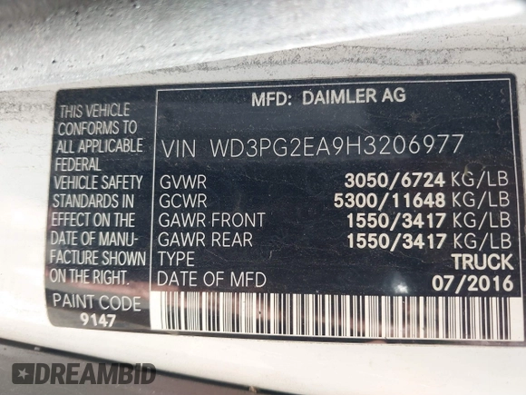 2017 Mercedes-Benz Metris Cargo with VIN WD3PG2EA9H3206977, listed as a IAAI auction lot 41828548 with 87,878 mi miles and . Bid and sale history available at carsss.com. Image 9.