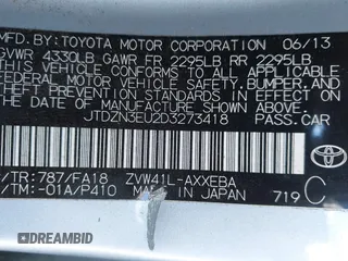 2013 Toyota Prius Two with VIN JTDZN3EU2D3273418, listed as a IAAI auction lot 40209238 with 138,606 mi miles and . Bid and sale history available at carsss.com. Image 9.